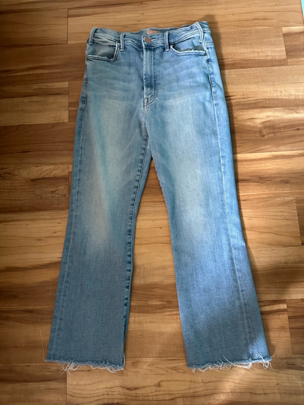 MOTHER Light Blue Raw-Hem Cropped Straight Jeans